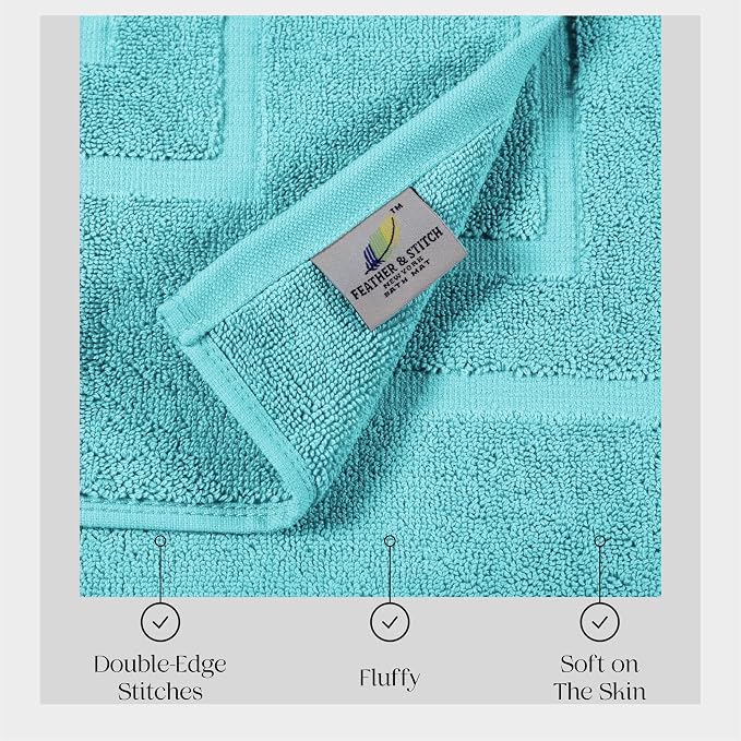 Feather & Stitch 2 Piece Towel Like Bath Mats (30x21 Inch) 100% Cotton Terry Bath Mats, Bathroom Shower Floor Mats [NOT A Bathroom Rug], Soft Absorbent Washable Mats - Aqua