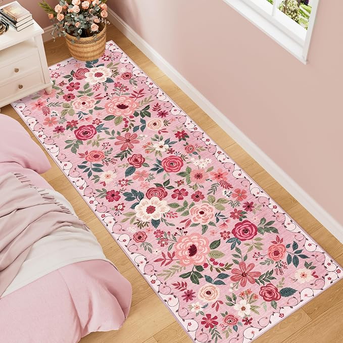 DUKINO 2.6x8 Kitchen Runner Rug for Hallway, Washable Runner Rug with Non Slip Backing, Low Pile Soft Boho Floral Carpet for Hallway, Kitchen, Entryway, Laundry, Bedroom, Pink
