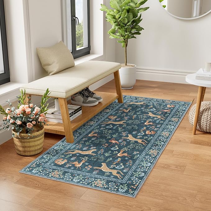 DUKINO 2x4 Rug for Hallway, Washable Kitchen Runner Rug with Non Slip Backing, Soft Low Pile Vintage Animal Runner for Bedroom, Kitchen, Hallway, Entryway, Laundry, Blue