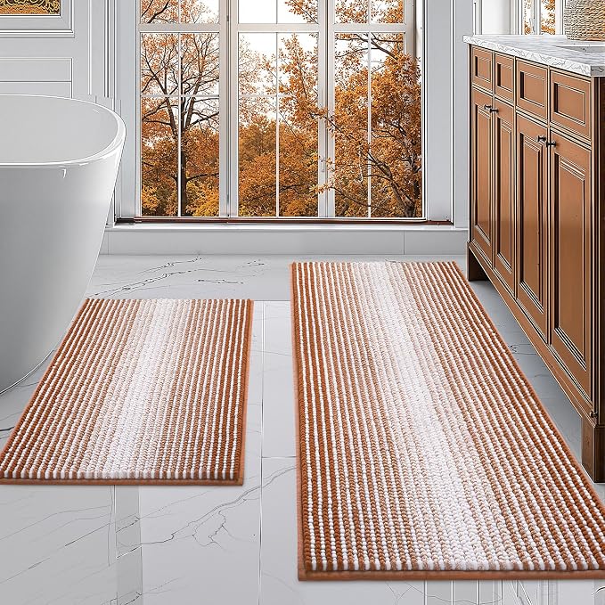 BSICPRO Bathroom Rugs and Mats Sets, 2 Piece Thick Absorbent Chenille Bath Mat Rug Set Non Slip, Soft Bath Room Floor Mats for Bathroom, Machine Washable (20" x 47" Plus 16" x 24",Caramel Brown)