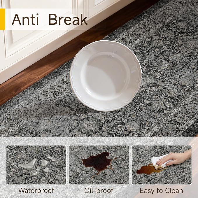 PureCozy Kitchen Mats 2PCS Anti Fatigue Cushioned Mat Black Vintage Kitchen Mats for Floor Waterproof Non Slip Comfort Standing Distressed Rug for Sink Laundry Office 17.3"x59"+17.3"x30"