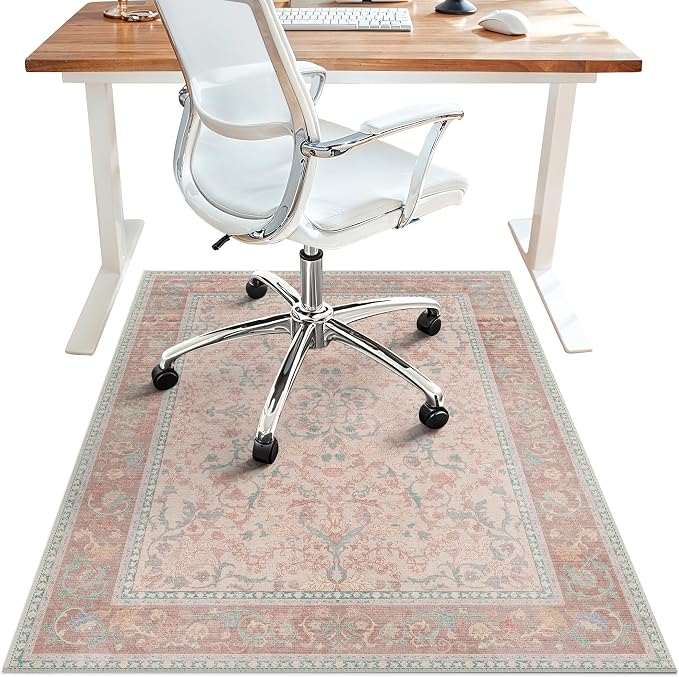 48"x60" Office Chair Mat for Hardwood Tile Floor, Under Desk Carpet Protector for Rolling Computer Chair Mat, Machine Washable Area Rug, Anti-Slip 1/5" Thick Low Pile Thin Vinyl Floor Mat, Pink