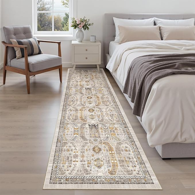 Madane Kitchen Runner Rug - 2x7 Runner Rugs with Rubber Backing Non Slip Vintage Washable Rug Runner Ultra-Thin Throw Carpet Runners for Hallways Bedroom Laundry Room(2'x7', Brown/Gold)