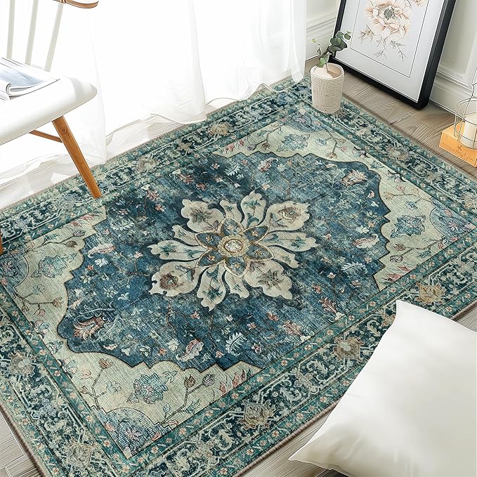 RELEANY Area Rugs 3'x4' Washable Non-Slip, Floral Vintage Distress Medallion Carpet for Living Room Bedroom Dining Room, Dark Blue Vintage
