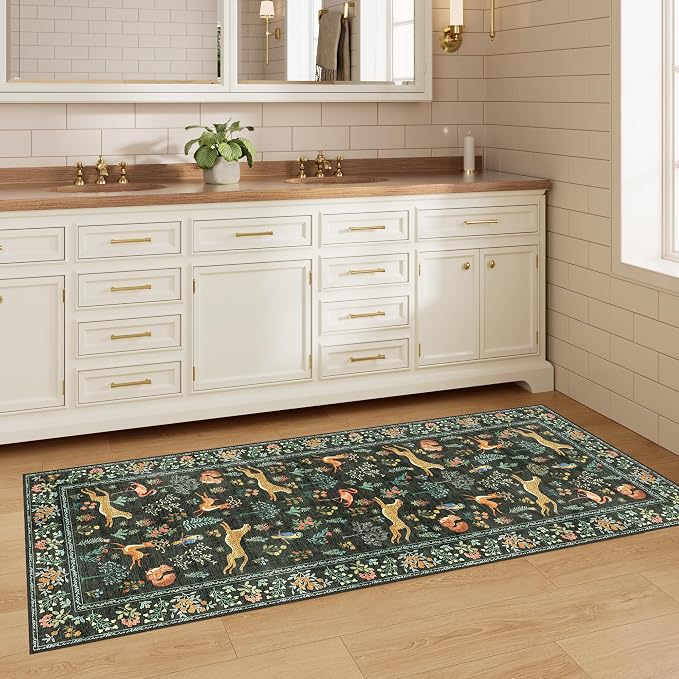 DUKINO 2x5 Rug for Hallway, Washable Kitchen Runner Rug with Non Slip Backing, Soft Low Pile Vintage Animal Runner for Bedroom, Kitchen, Hallway, Entryway, Laundry, Black