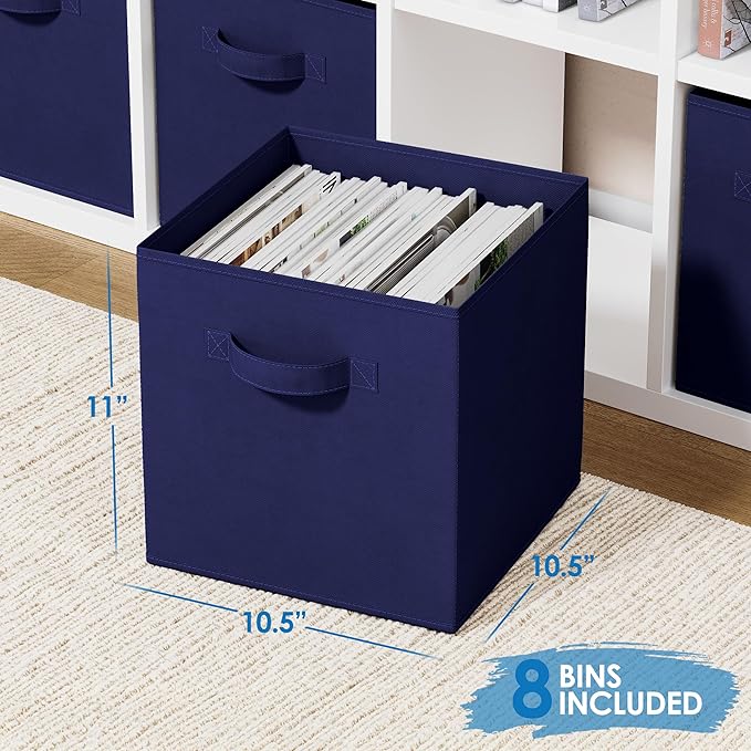 Storage Cubes Pack Of 8 - Standard Size Cube Storage Bin 10.5x10.5x11 With Dual Handles For Easy Carrying- Fabric Storage Bins Collapsible (Navy)