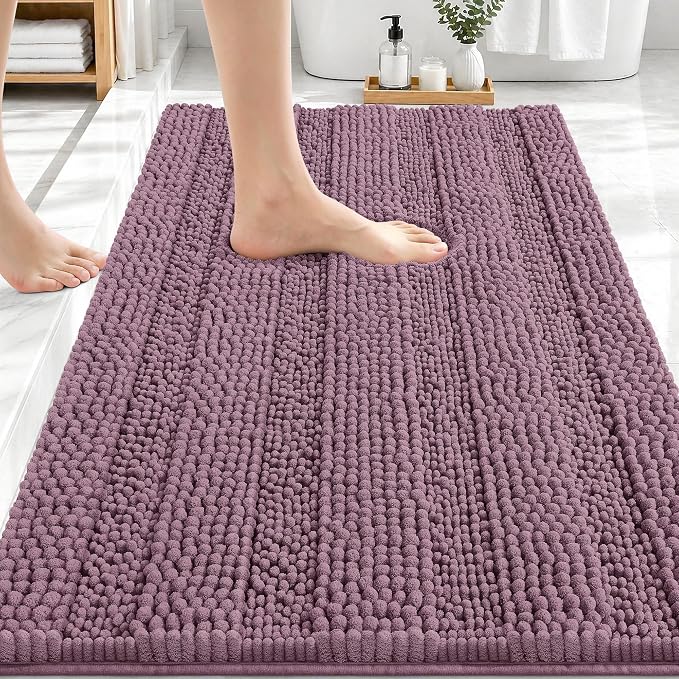 OLANLY Thick Bathroom Rugs 30x20, Extra Soft Absorbent Chenille Striped Bath Rugs, Rubber Backing, Machine Wash Dry, Bath Mats for Bathroom Floor, Tub and Shower, Home Decor Accessories, Deep Plum