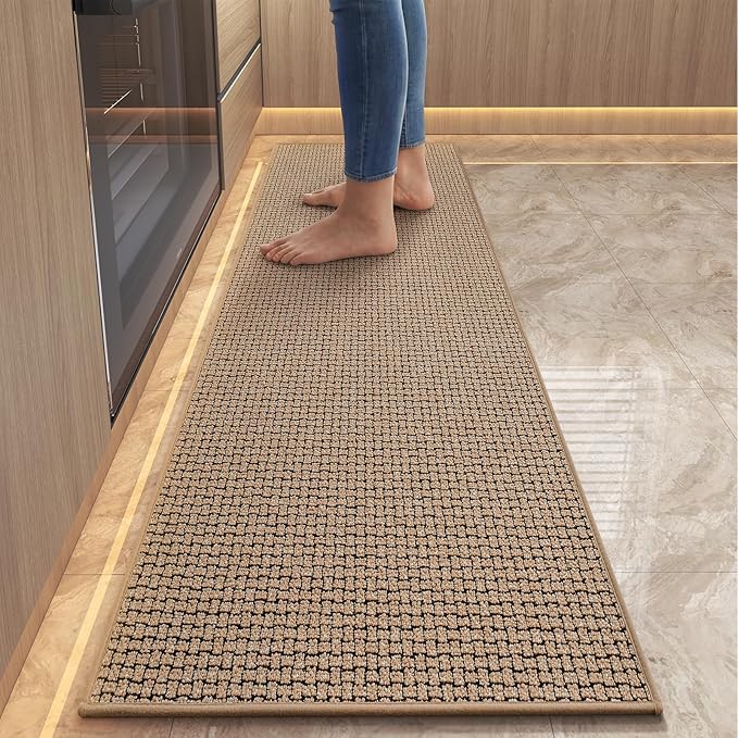 Kitchen Runner Rugs and Mat Non Slip Washable, Super Absorbent Long Kitchen Mats for Floor, Rubber Backing Soft Braided Standing Kitchen Sink Mat Kitchen Rug, Easy to Clean, Khaki 17"x59"