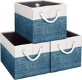 Fab totes Storage Bins 3-Pack, Foldable Storage Baskets for Organizing Toys, Books, Shelves, Closet, Large Storage Box with Rope Handles, Sturdy Organizer Bins, White & Blue