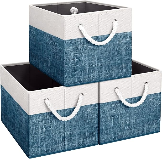 Fab totes Storage Bins 3-Pack, Foldable Storage Baskets for Organizing Toys, Books, Shelves, Closet, Large Storage Box with Rope Handles, Sturdy Organizer Bins, White & Blue