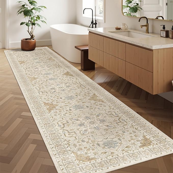 Madane Hallway Runner Rug 2'6''x12', Non Slip Vintage 12ft Runners for Hallways Washable Kitchen Rugs Soft Low Pile 2.5x12 ft Rug Runner for Laundry Room, Entryway and Bedroom, Beige/Blue