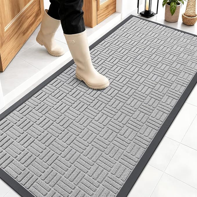 OLANLY Front Door Mat Outside Entrance 59x23, Absorbent, Heavy Duty Sturdy Natural Rubber Doormat Indoor Outdoor, Non-Slip, Stain and Fade Resistant, Low Profile Floor Mat for Entryway, Light Gray