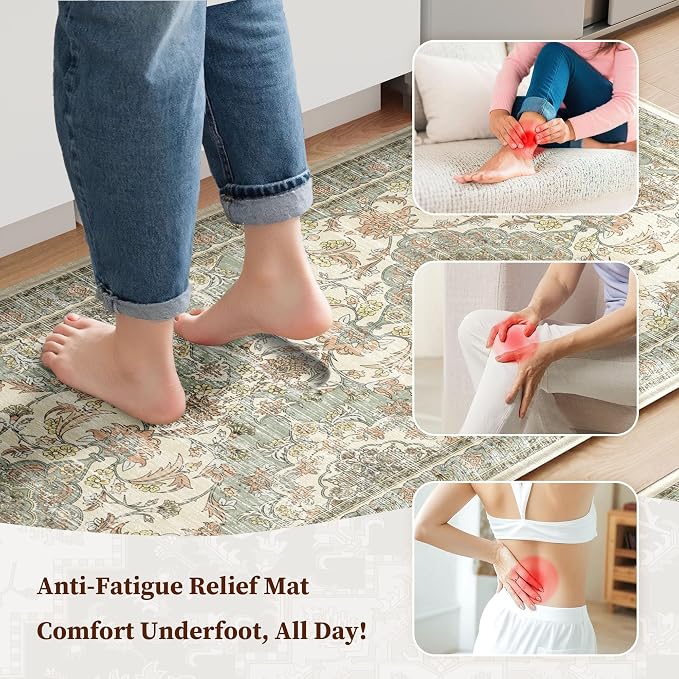 Boho Kitchen Mats for Floor 2 Piece Set Anti Fatigue Cushioned PVC Kitchen Rugs Non Slip Waterproof Farmhouse Mats 2/5 Inch Comfort Standing Mat for Sink, Laundry, 23.6"x39"+23.6"x59",D1
