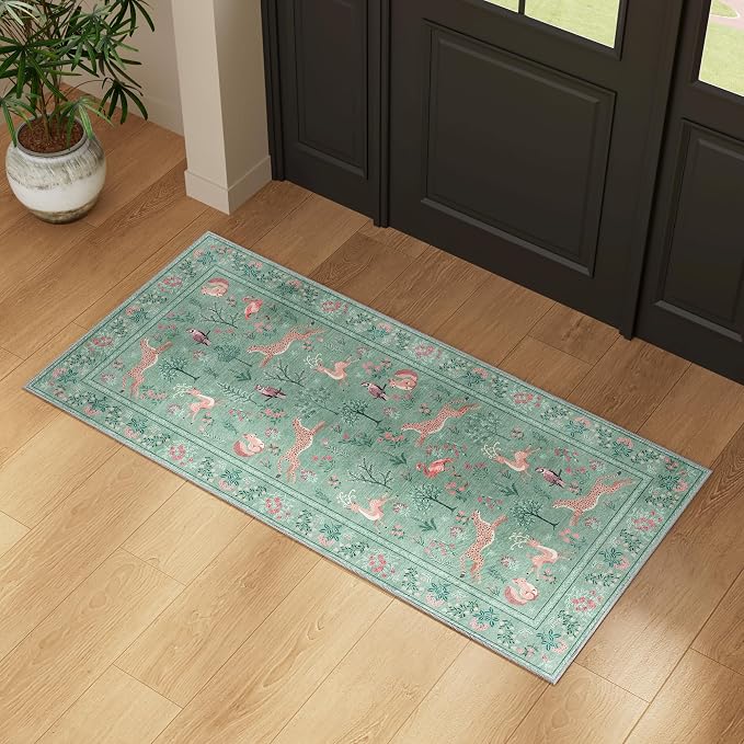 DUKINO 2x4 Rug for Hallway, Washable Kitchen Runner Rug with Non Slip Backing, Soft Low Pile Vintage Animal Runner for Bedroom, Kitchen, Hallway, Entryway, Laundry, Teal