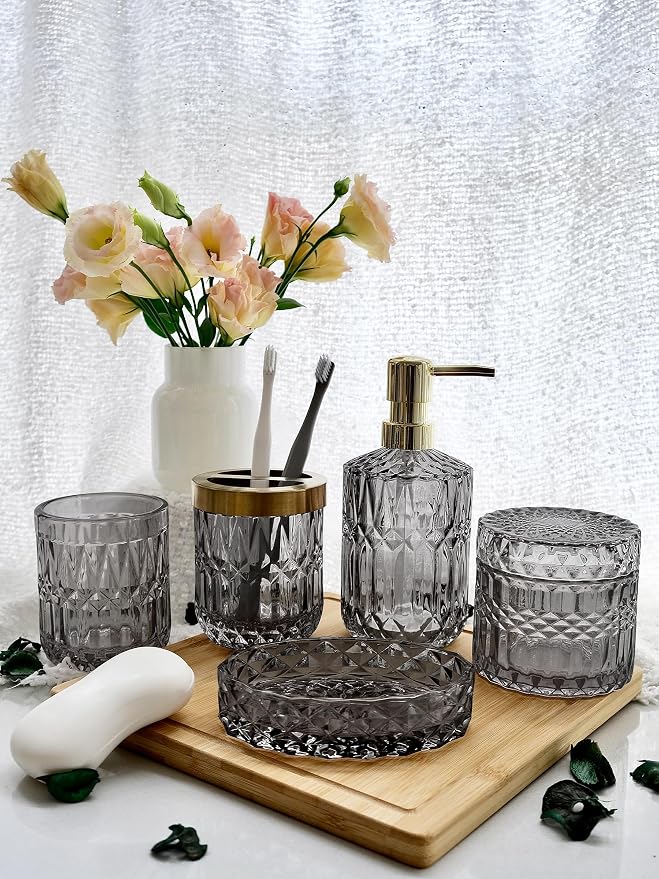 LaMarriti Gray Bathroom Accessories Set, 5Pcs Glass Bathroom Set, Soap Dispenser and Toothbrush Holder Set, Soap Dish, Q-Tips Holder Set, Black and Gold Accent for Vintage Bathroom Decor