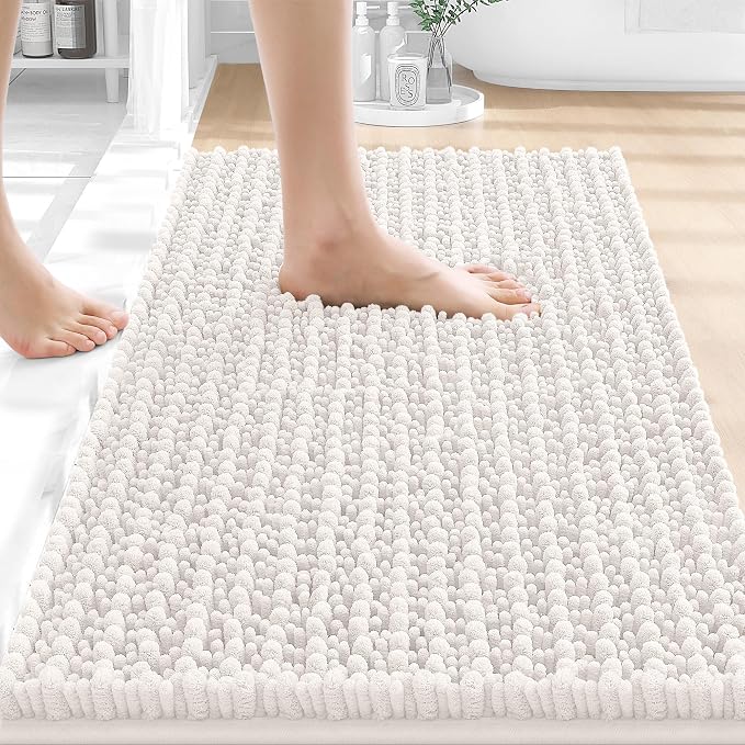 OLANLY Bathroom Rug Mat 24x16, Thick Soft and Absorbent Chenille Bath Mat, Non-Slip Rubber Backing, Machine Washable Quick Dry Bath Rugs for Tub Shower Floor, Home Decor Accessories, Ivory