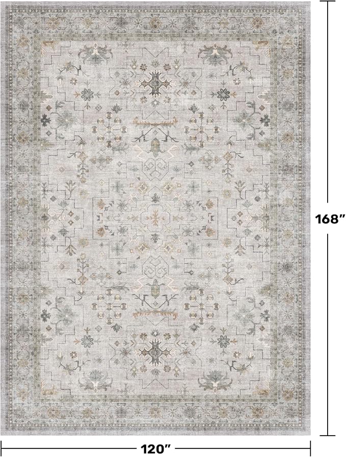 Hazo Haus Boho Light Grey Living Room Rug 10x14 - Modern Vintage Eclectic Floral Pastel Neutral Taupe, Washable Low Pile Non-Slip Extra Large Area Rugs for Dining Under Table Bedroom Lounge