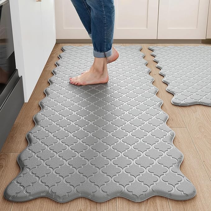 Arenarug Upgrade Scalloped Embossed Kitchen Mats for Floor 2PCS Cushioned Anti Fatigue Waterproof Foam Kitchen Rugs Non Slip Washable Comfort Standing Mat for Sink Laundry, 17.3"x30"+17.3"x59", Grey