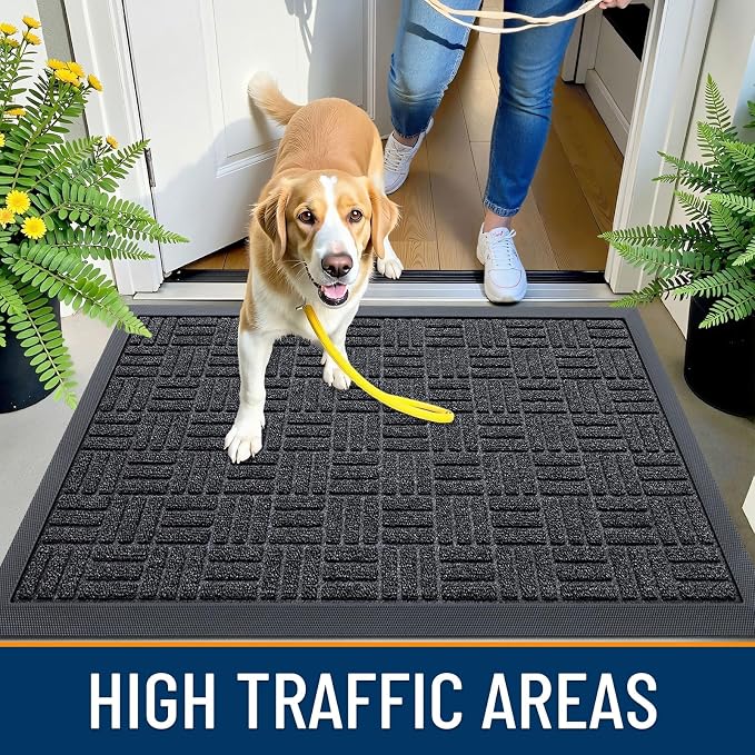 OLANLY Front Door Mat Outside Entrance 47x17, Absorbent, Heavy Duty Sturdy Natural Rubber Doormat Indoor Outdoor, Non-Slip, Stain and Fade Resistant, Low Profile Floor Mat for Entryway, Black Gray