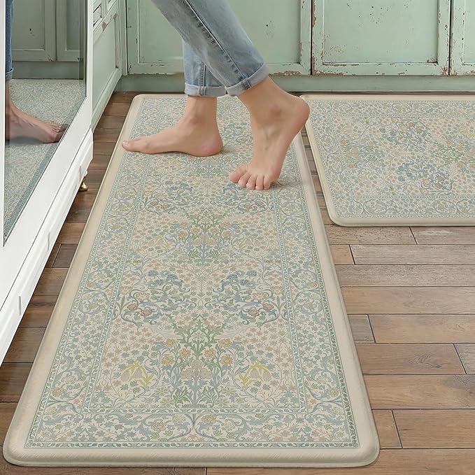 Kitchen Mats for Floor Thick Anti Fatigue Waterproof Vintage Spring Floral Kitchen Rugs 2PCS Cushioned Non Blue Comfort Standing Mats for Sink Laundry Office 17.3"×47"+17.3"×30"