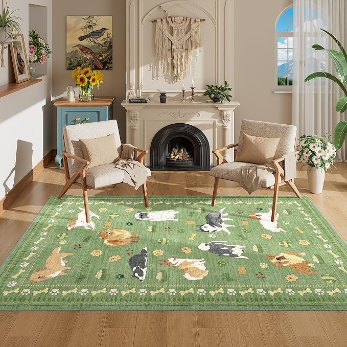 DUKINO 3x5 Area Rug, Lightweight Washable Entryway Rug with Non Slip & Low Pile, Soft Non Shedding Animal Dog Print Pattern Indoor Throw Carpet for Bedroom, Kitchen, Bathroom, Kids Room, Office, Green