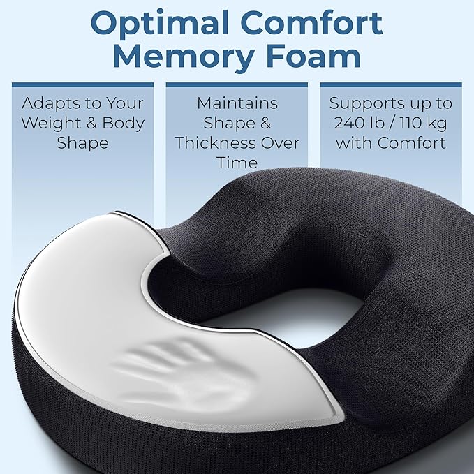 5 STARS UNITED Donut Pillow for Tailbone Pain & Hemorrhoids – Large Memory Foam Seat Cushion for Bed Sore-Prone Areas & Pressure Relief – Prostate, Postpartum & Pregnancy Support, Black Mesh Cover