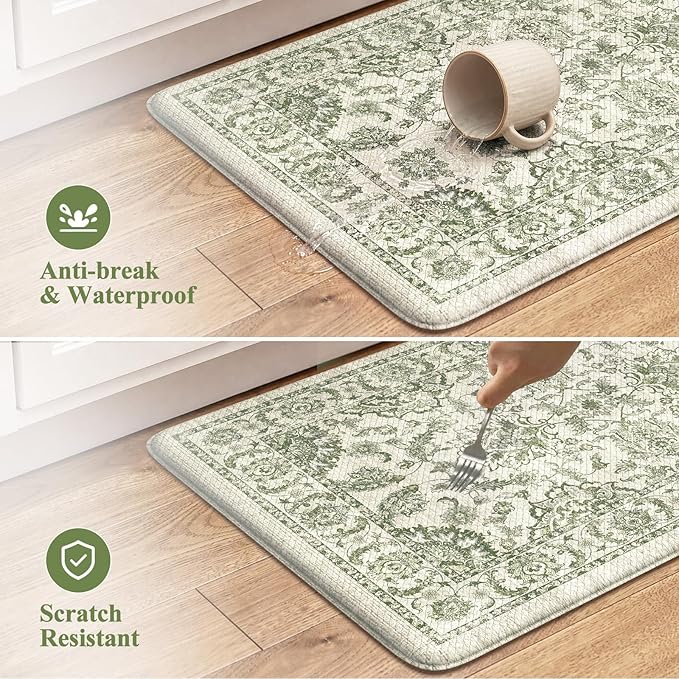 KIMODE Anti Fatigue Kitchen Mat Set, Non Slip Waterproof Kitchen Rug Set of 2, Boho Rugs for Kitchen, Ergonomic Standing Kitchen Sink Mats for Floor, 17"x29.5"+17" x47”, Sage Green