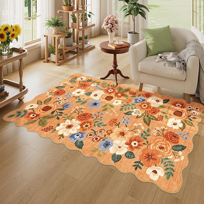 DUKINO 3x5 Area Rug, Floral Non-Slip Indoor Washable Rug with Low Pile & Non-Shedding, Lightwight Boho Design Carpet for Entryway, Bedroom, Kids Room, Living Room, Kitchen, Orange
