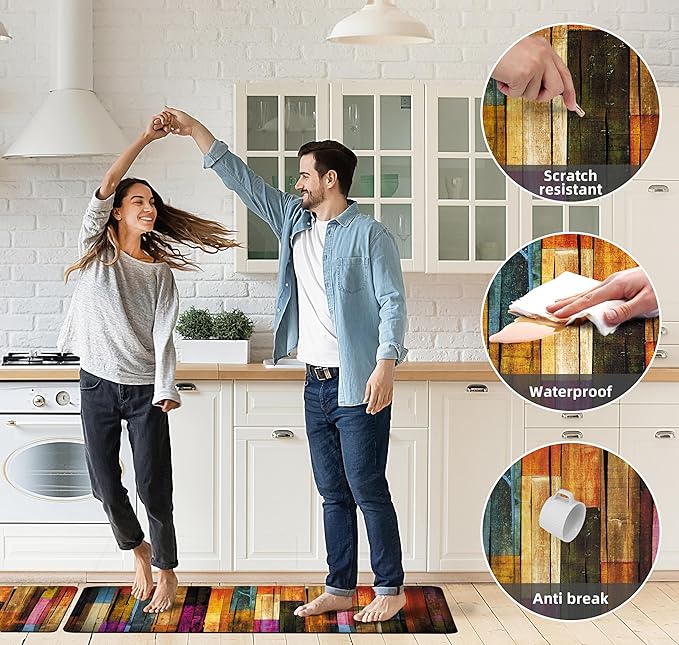 Kitchen Mats for Floor Colorful kitchen rugs Cool Wooden Abstract Anti Fatigue Kitchen Mats Waterproof Floor Mats Cushioned Non-Skid Standing Mats for Laundry, Sink, Set of 2,17.3 x 28+17.3 x 47 Inch