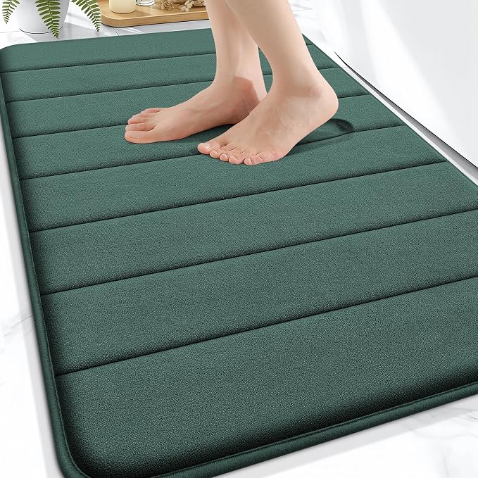 OLANLY Memory Foam Bath Mat 32x20, Super Soft Absorbent Bathroom Rugs, Quick Dry, Machine Washable Shower Floor Rugs, Bathmat Carpet, Bathroom Home Decor Accessories, Blackish Green