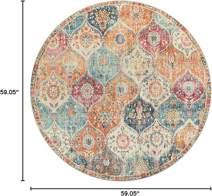 Lahome Moroccan Washable Round Area Rug, Round Rug 5ft Soft Non-Slip, Non-Shedding Distressed Circle Carpet for Bedroom Living Room Bathroom Nursery Kitchen Elise, Burnt Orange