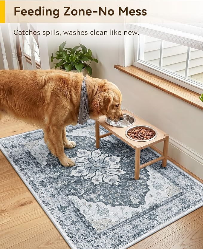 RELEANY Area Rugs Small 2'x3' Washable Non-Slip, Floral Vintage Distress Medallion Carpet for Kitchen Entryway Bathroom, Light Gray Grey White