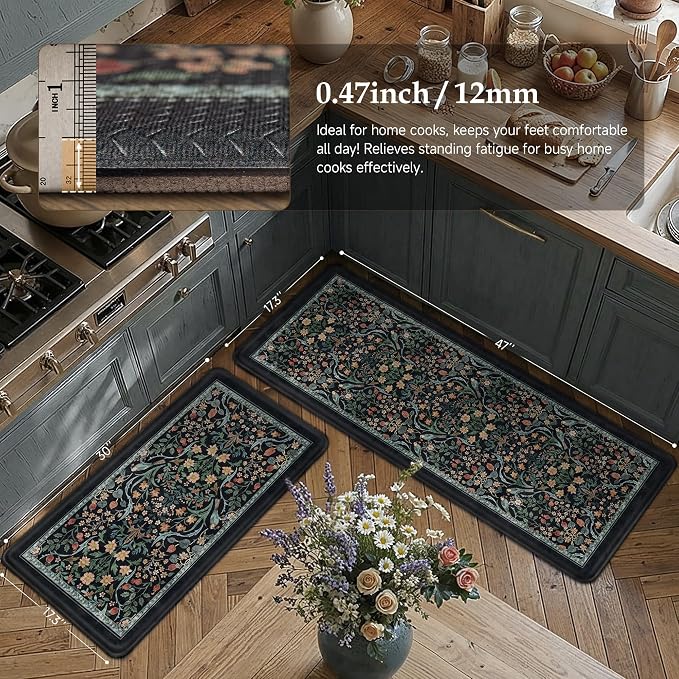 PureCozy Kitchen Mats for Floor 2PCS Anti Fatigue Cushioned Mat Non Slip Comfort Kitchen Rugs Vintage Floral Waterproof Standing Dark Blue Mat for Sink Laundry Office Desk 17.3"x47"+17.3"x30"