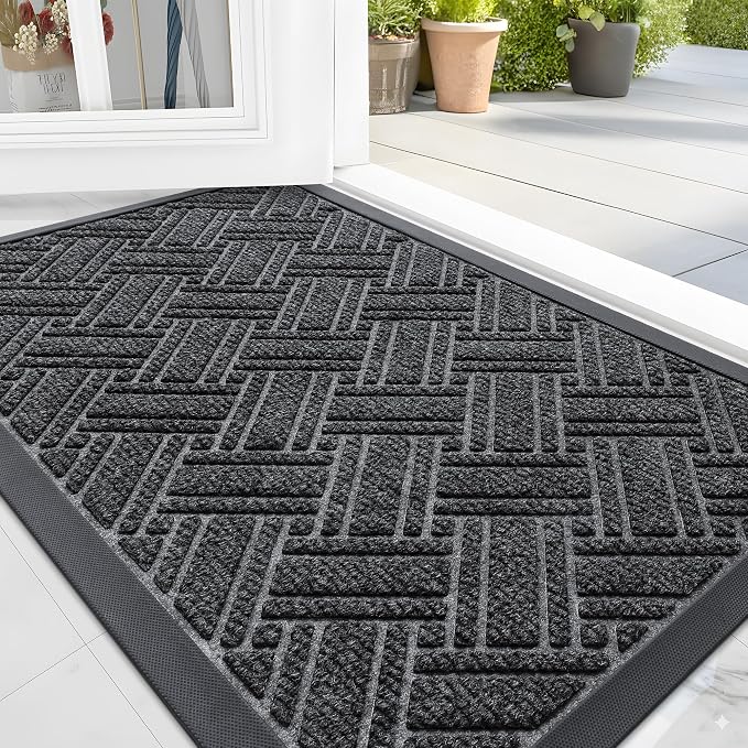 OLANLY Indoor Outdoor Mat, Sturdy Natural Rubber Floor Mat, Non Slip Low Profile Waterproof Doormat, and Stain Front Door Mats, Easy Clean Patio Entrance Mat, 30''x17'', Grey