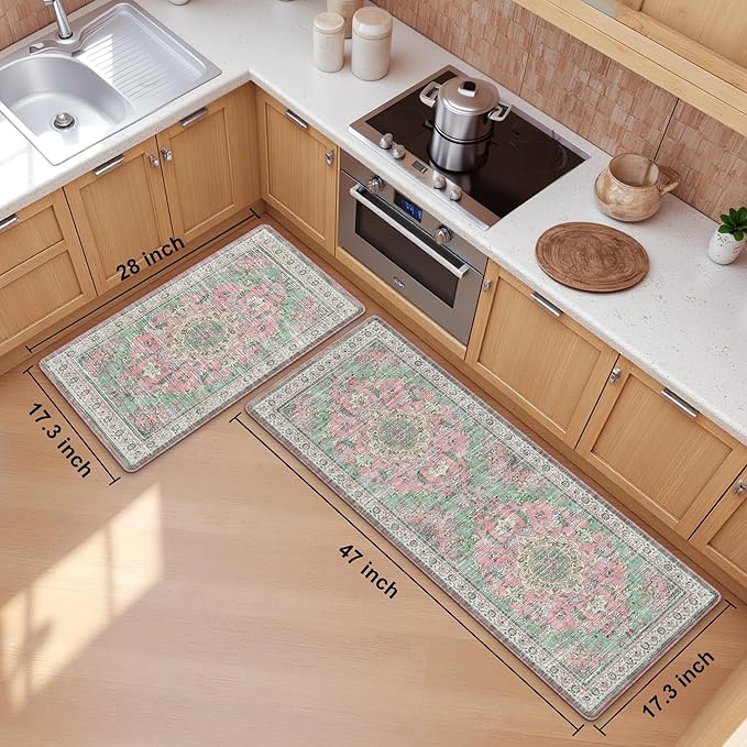 Boho Kitchen Mats for Floor 2 Piece Set Anti Fatigue Cushioned PVC Kitchen Rugs Non Slip Waterproof Farmhouse Mats 2/5 Inch Comfort Standing Mat for Sink, Laundry, 17.3"x47"+17.3"x28", Green Pink