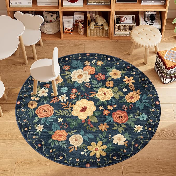 DUKINO Floral Round Rug, 4ft Washable Circle Rug, Non Slip Indoor Low Pile Circle Rug, Soft Small Boho Design Carpet for Bedroom, Entryway, Living Room, Dining Room, Dark Blue