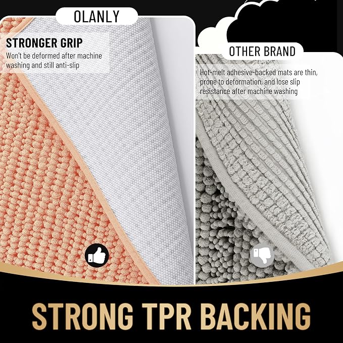 OLANLY Thick Bathroom Runner Rugs 44x24, Extra Soft Absorbent Chenille Bath Rugs, Rubber Backing, Machine Wash Dry, Long Bath Mats for Bathroom Floor, Tub and Shower, Home Decor Accessories, Peach