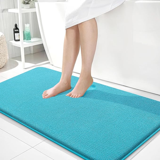 OLANLY Thick Memory Foam Bathroom Runner Rugs 44x24, Extra Soft Absorbent Long Bath Rug, Quick Dry, Non-Slip, Machine Washable Bath Mats for Bathroom, Tub and Shower, Home Decor Accessories, Aqua Sky