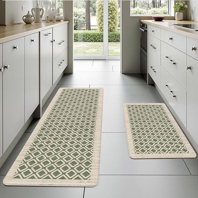 Sage Green Vintage Geometric Elegance Grid Kitchen Rug Sets [2 PCs], Anti-Fatigue, Waterproof Non-Slip Kitchen Mats Heavy Duty Comfort Foam Rug for Kitchen, Floor, Laundry,17"x29"+17"x47"