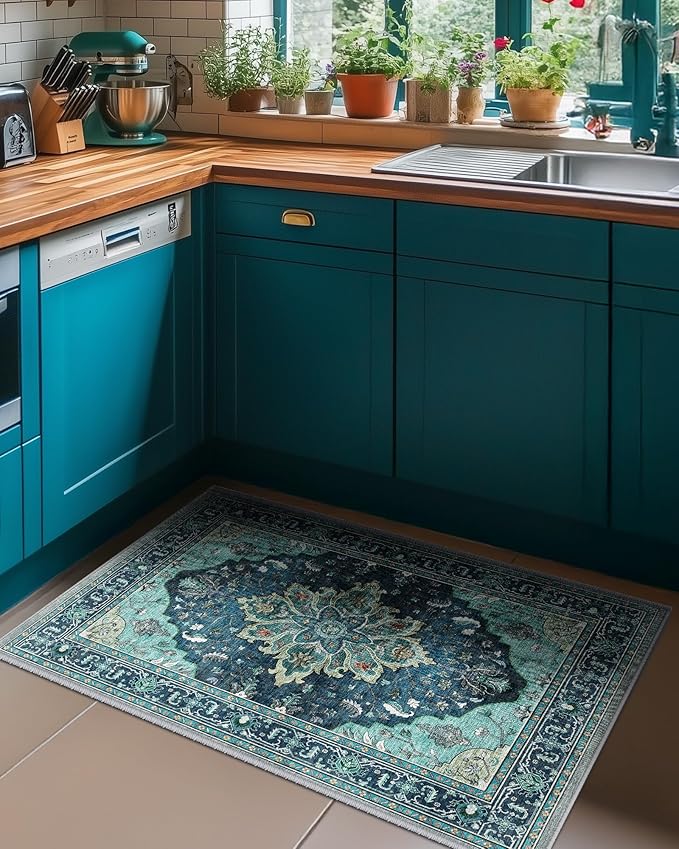 RELEANY Area Rugs Small 2'x4' Washable Non-Slip, Floral Vintage Distress Medallion Carpet for Kitchen Entryway Bathroom, Teal Green Lake Blue Turquoise