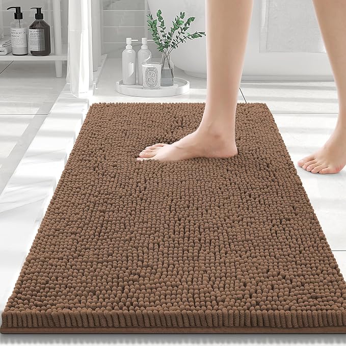 Smiry Luxury Chenille Bathroom Rugs 24x16, Extra Soft and Absorbent Shaggy Bath Mat, Machine Washable, Non-Slip Plush Carpet Runner for Tub, Shower, and Floor, Home Decor Accessories, Mocha