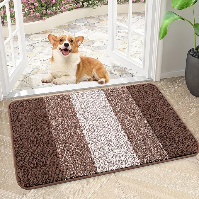 Kitinjoy Indoor Outdoor Door Mat, 30x17 Non-Slip Absorbent Dirt Trapper, Low-Profile Washable Inside Entrance Front Floor Mat, Sturdy Soft Entry Doormats for Entryway, Brown