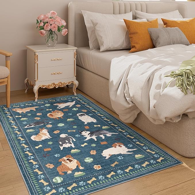 DUKINO 3x5 Area Rug, Lightweight Washable Entryway Rug with Non Slip & Low Pile, Soft Non Shedding Animal Dog Print Pattern Indoor Throw Carpet for Bedroom, Kitchen, Bathroom, Kids Room, Office, Blue