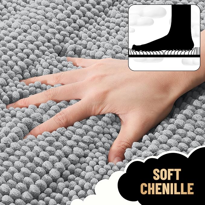 OLANLY Thick Bathroom Runner Rugs 47x24, Extra Absorbent Chenille Striped Bath Rugs, Rubber Backing, Machine Wash Dry, Long Bath Mats for Bathroom, Tub and Shower, Home Decor Accessories, Light Grey