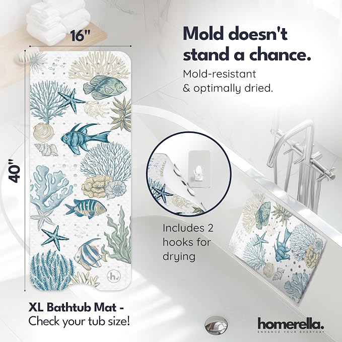 Bathtub Mat Non Slip Anti Mold for Kids 40x16 - homerella® Bath Mat for Tub, BPA Free, Incl. 2 Hooks, Washable Shower Mat Non Slip Anti Mold, Shower Mats for Inside Shower, EU Certified