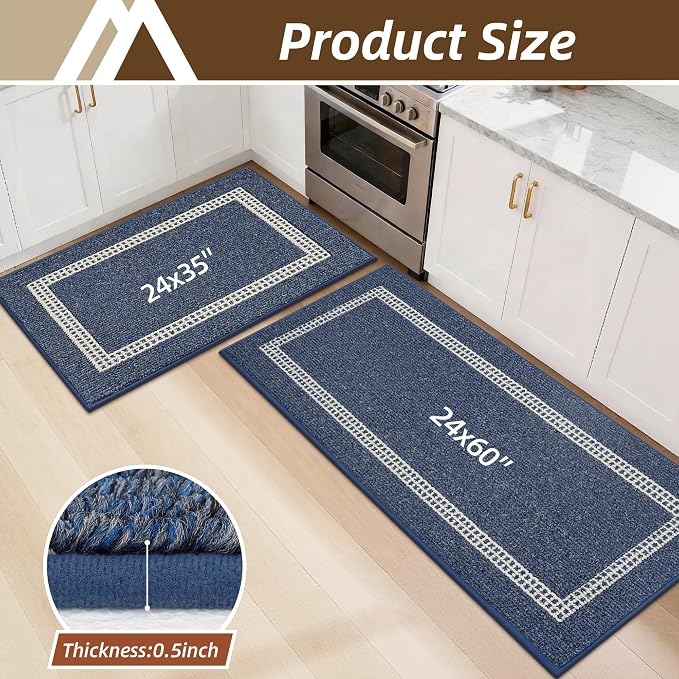 COSY HOMEER Kitchen Rugs Sets 2PCS,Non-Slip Washable Kitchen Mats for Floor,Absorbent and Stain Resistant Kitchen Runner Rugs for Kitchen Sink Laundry Entryway,24"x35"+24"x60",Blue