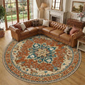 RELEANY Area Rugs Round 10ft Washable Non-Slip, Floral Vintage Distress Medallion Carpet for Living Room Bedroom Dining Room, Red Orange Blue Brown