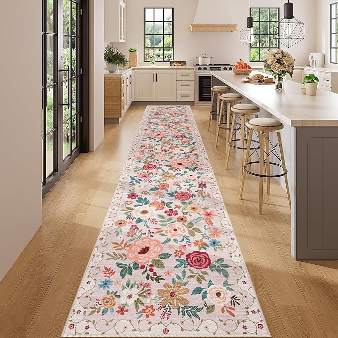 DUKINO 2.6x14 Kitchen Runner Rug, Lightweight Floral Washable Rug for Hallway, Boho Low Pile & Non Slip Backing Soft Floor Carpet for Entryway, Bedroom, Bathroom, Laundry, Beige