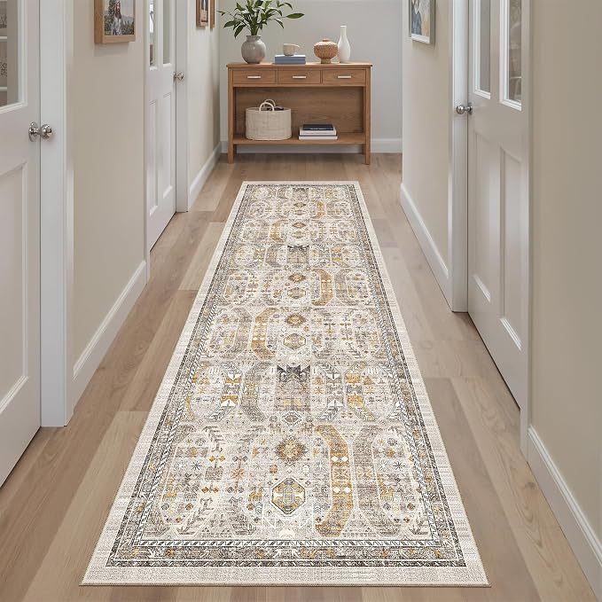 Madane Runner Rug 2x8, Washable Hallway Runner Rugs, Non-Slip Low-Pile Soft Kitchen Rug Runner Laundry Room Rug, Vintage Throw Entry Foyer Mat for Entrance Living Room (Brown/Gold, 2 x 8)