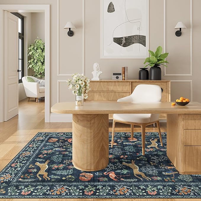 DUKINO 3x5 Rug, Washable Animal Area Rug with Non Slip Vintage Design, Indoor Soft Low Pile Carpet for Bedroom, Nursery, Dining Room, Farmhouse, Playroom, Navy Blue